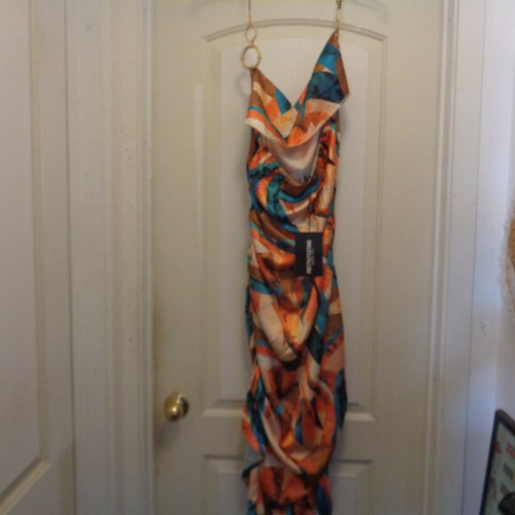 HOT GIRL PRETTYLITTLETHING NWT MAXI RUCHED SATINY COLORS W BAMBOO LOOPS 14 M - Picture 6 of 9